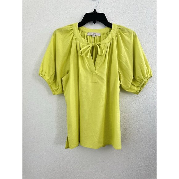 LOFT Womens Top Petite MP Neon Grn Linen Blend Tie Neck Puff Sleeve Peasant Boho - Picture 1 of 12